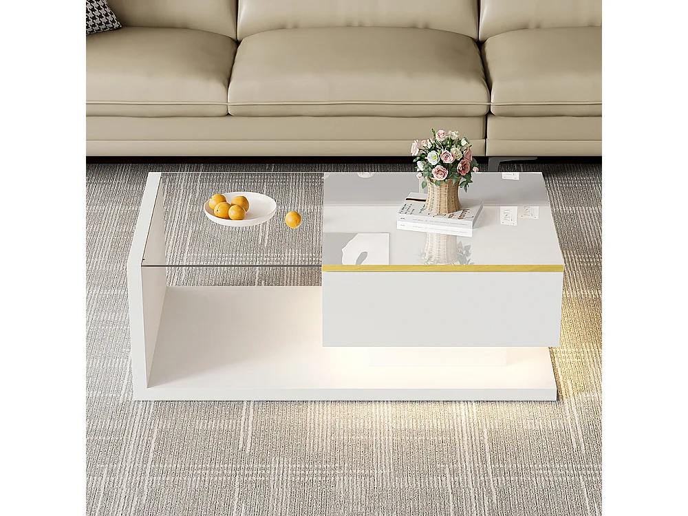 Table basse blanc brillant tables d'appoint tables basses avec verre et effet LED