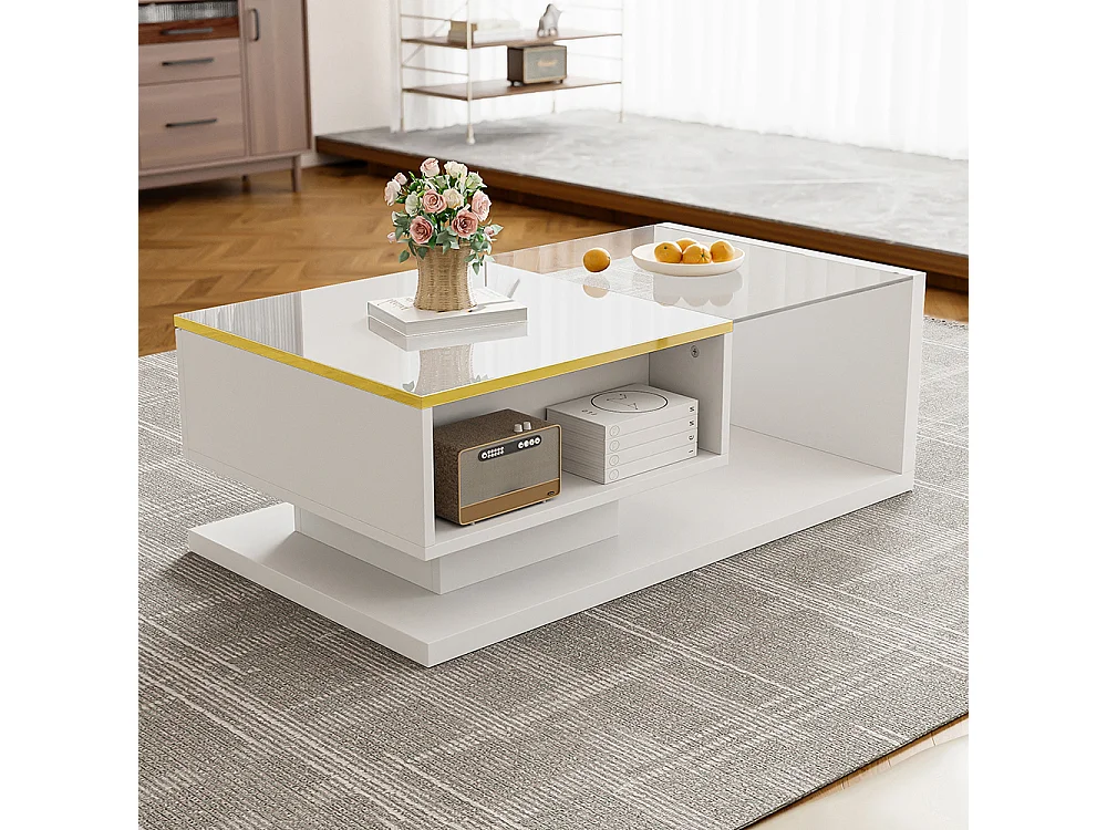 Table basse blanc brillant tables d'appoint tables basses avec verre et effet LED