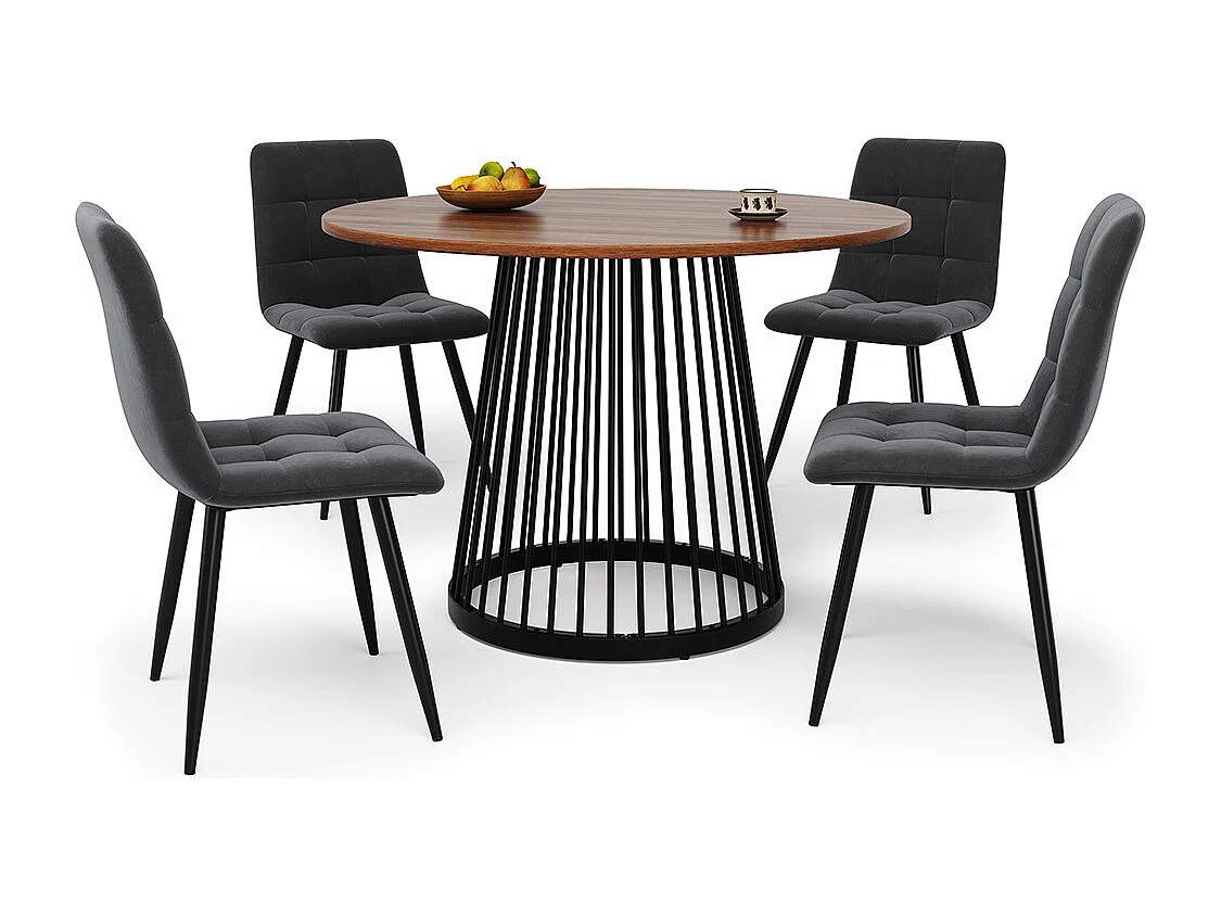 Ensemble salle à manger 5 pièces moderne table ronde 80cm pieds métal noir plateau noyer chaises velours