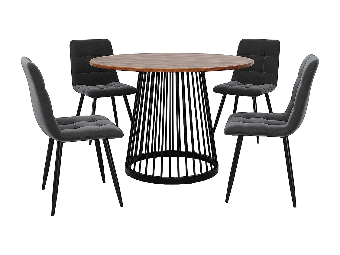 Ensemble salle à manger 5 pièces moderne table ronde 80cm pieds métal noir plateau noyer chaises velours