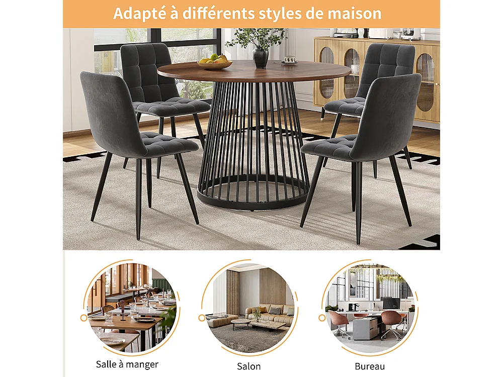 Ensemble salle à manger 5 pièces moderne table ronde 80cm pieds métal noir plateau noyer chaises velours