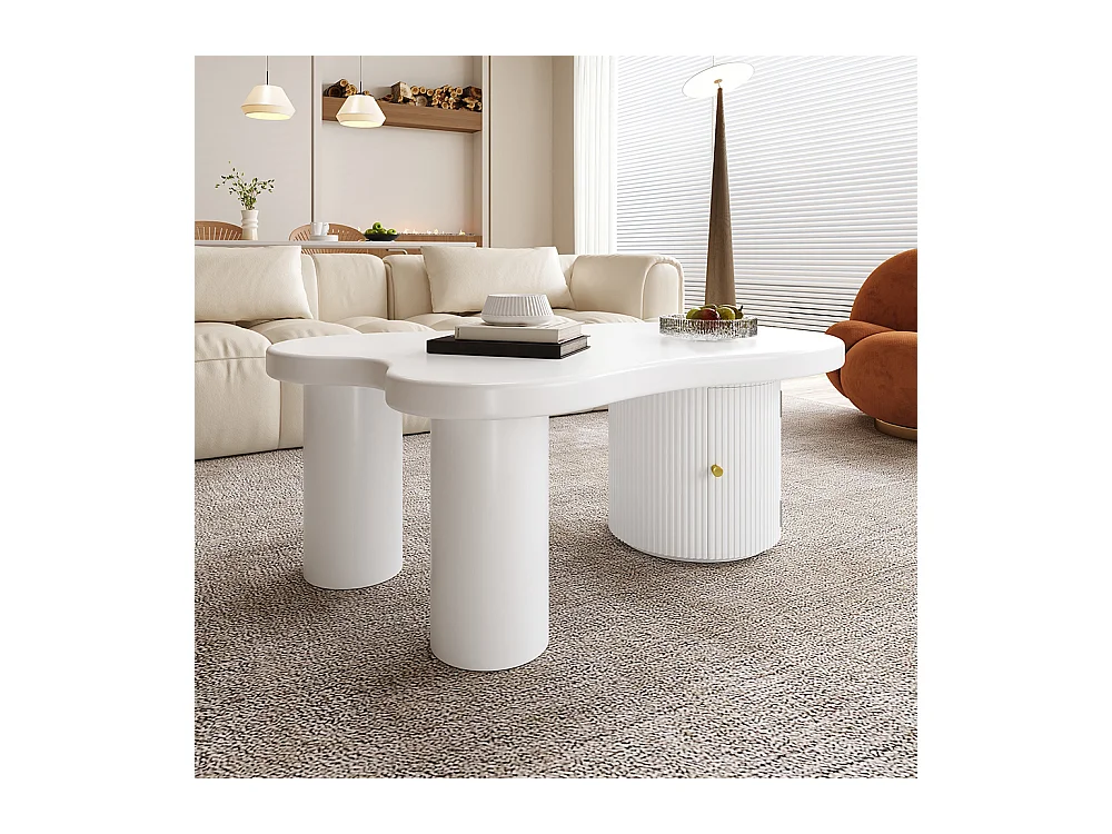 Table basse asymétrique élégante et robuste adaptée au salon avec espace de rangement blanc