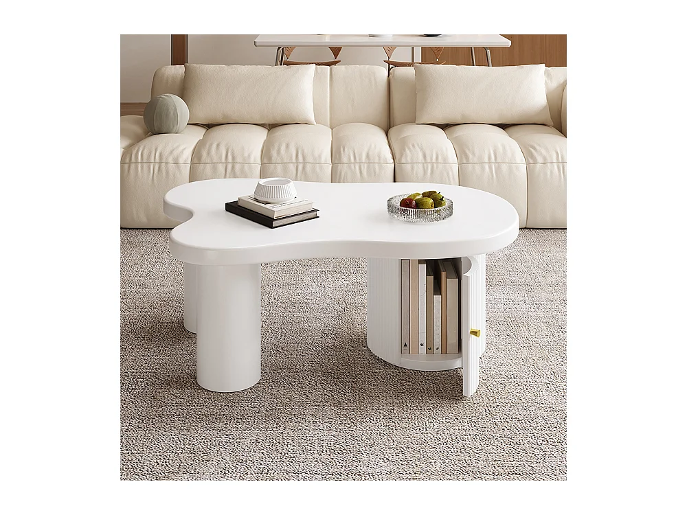 Table basse asymétrique élégante et robuste adaptée au salon avec espace de rangement blanc
