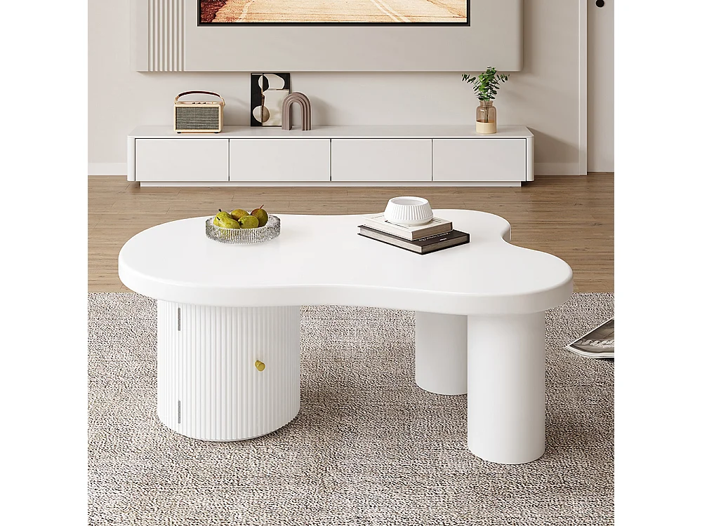 Table basse asymétrique élégante et robuste adaptée au salon avec espace de rangement blanc