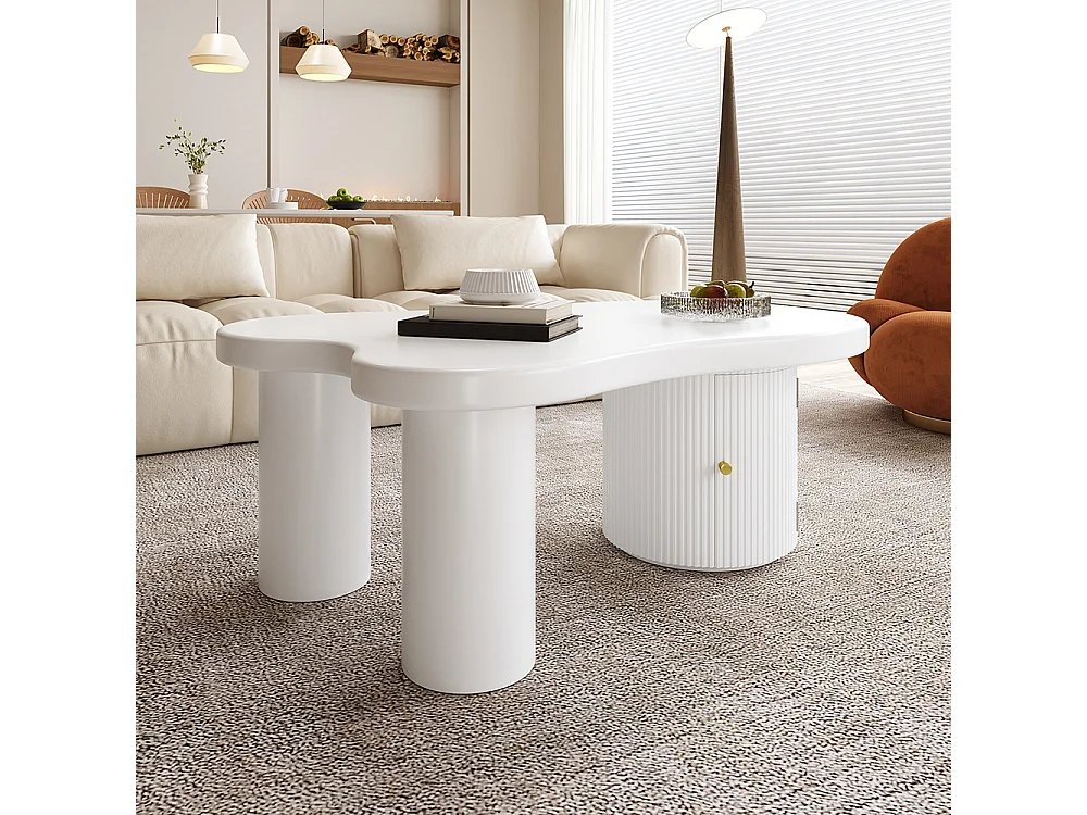 Table basse asymétrique élégante et robuste adaptée au salon avec espace de rangement blanc