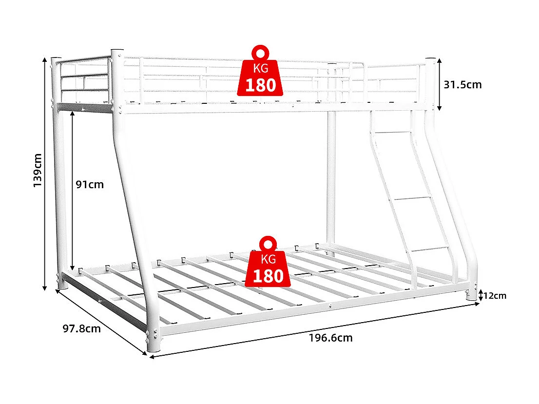 Lit superposé 90x190 métallique Twin sur Full robuste échelle garde-corps silencieux adolescents adultes blanc