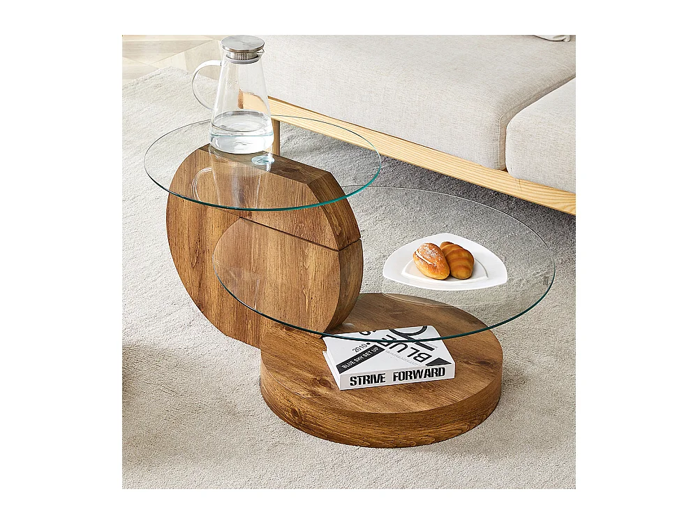 Table basse moderne minimaliste verre trempé design multicouche support MDF autocollants bois naturel