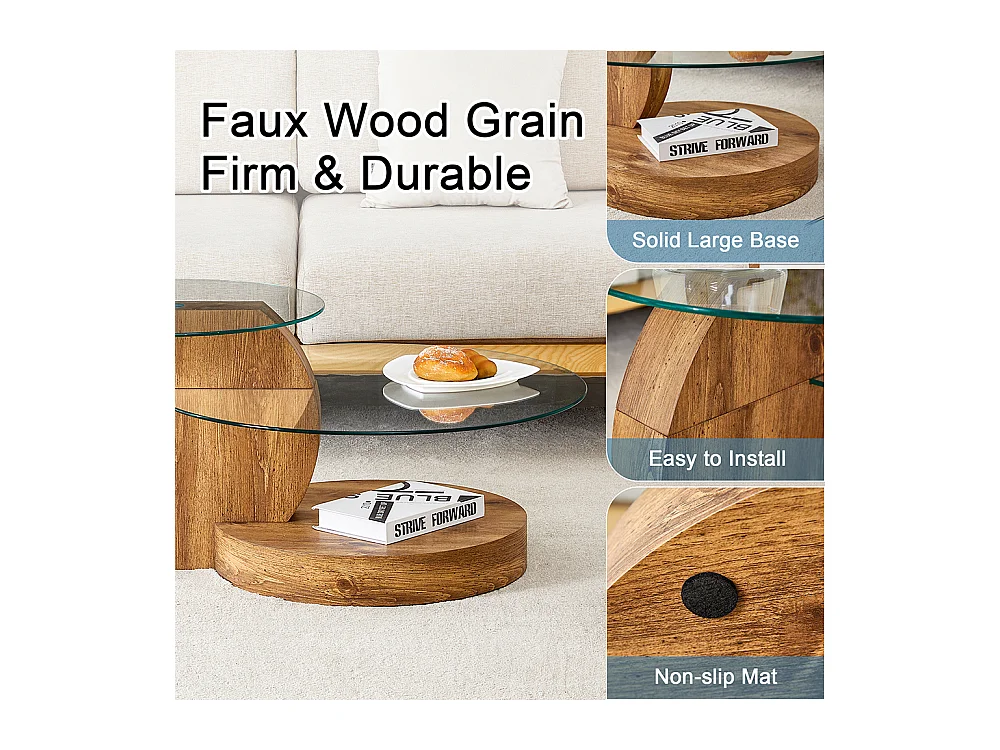 Table basse moderne minimaliste verre trempé design multicouche support MDF autocollants bois naturel