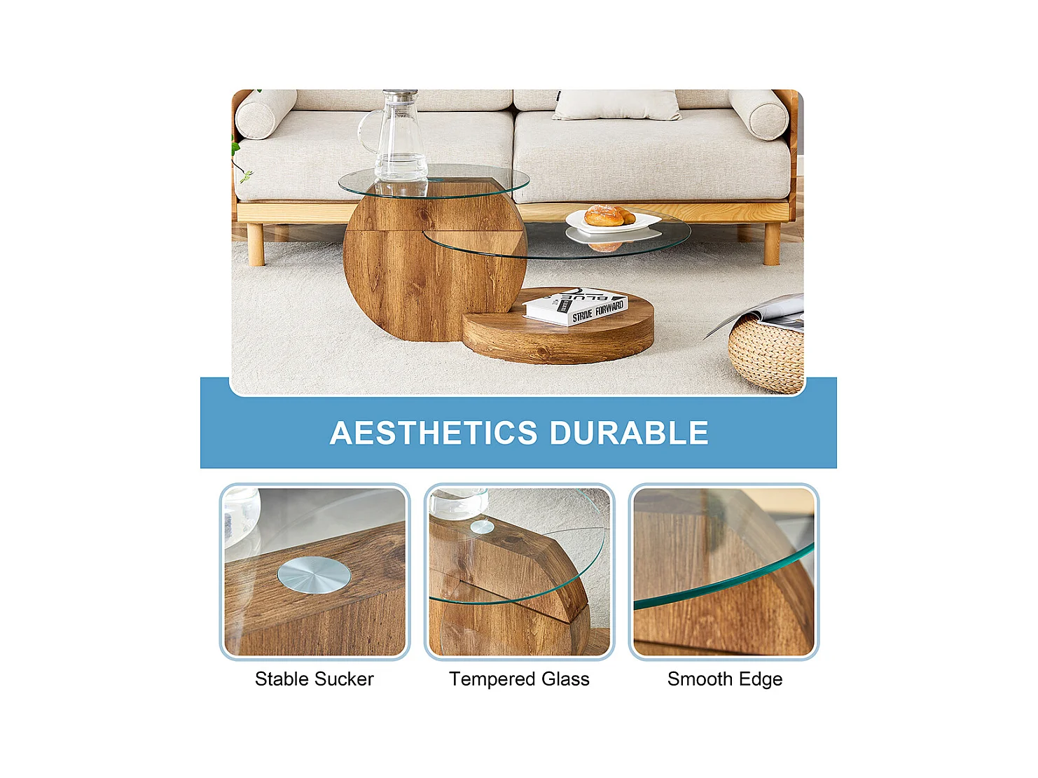 Table basse moderne minimaliste verre trempé design multicouche support MDF autocollants bois naturel