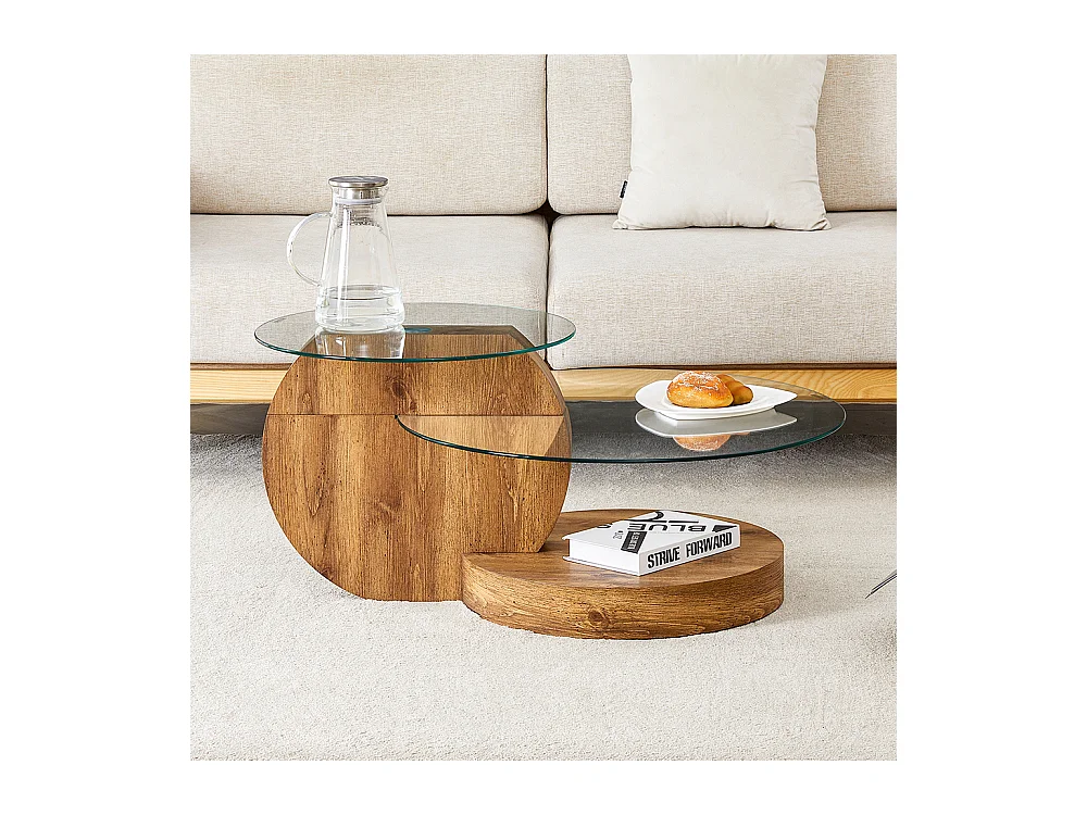 Table basse moderne minimaliste verre trempé design multicouche support MDF autocollants bois naturel
