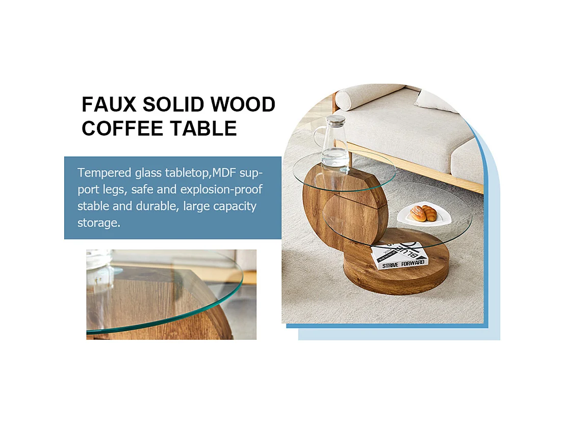 Table basse moderne minimaliste verre trempé design multicouche support MDF autocollants bois naturel