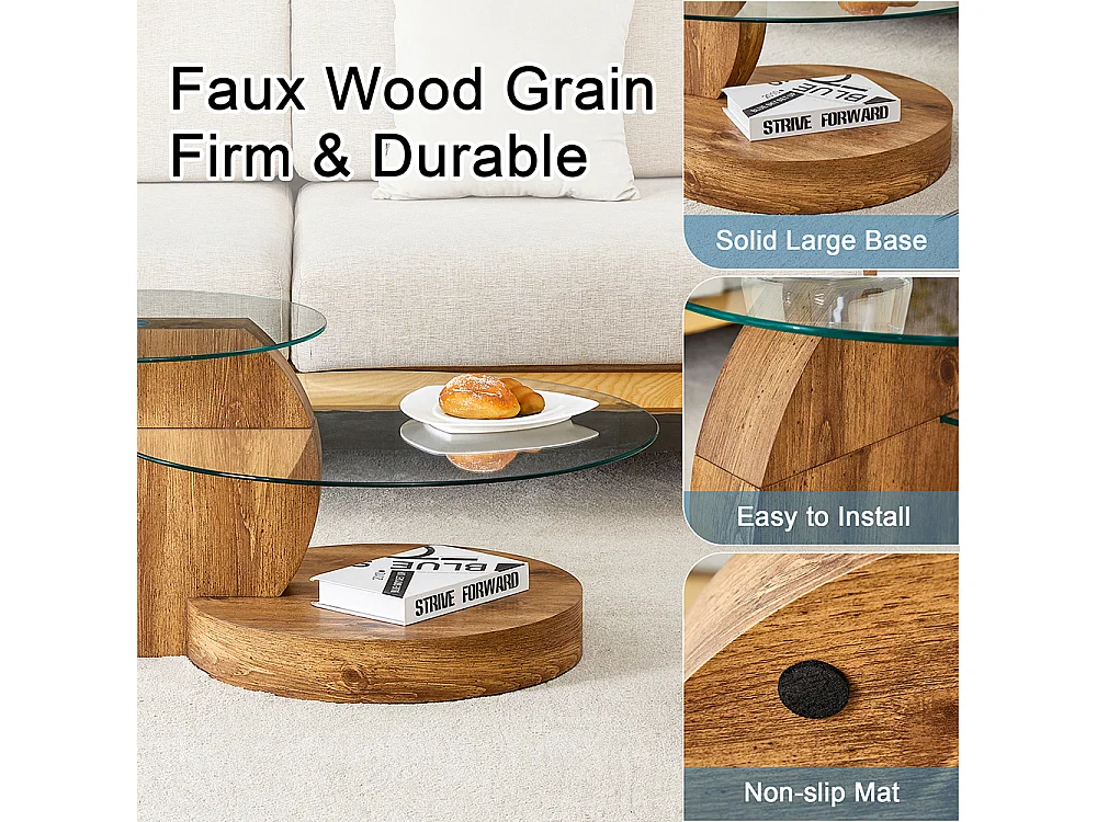 Table basse moderne minimaliste verre trempé design multicouche support MDF autocollants bois naturel