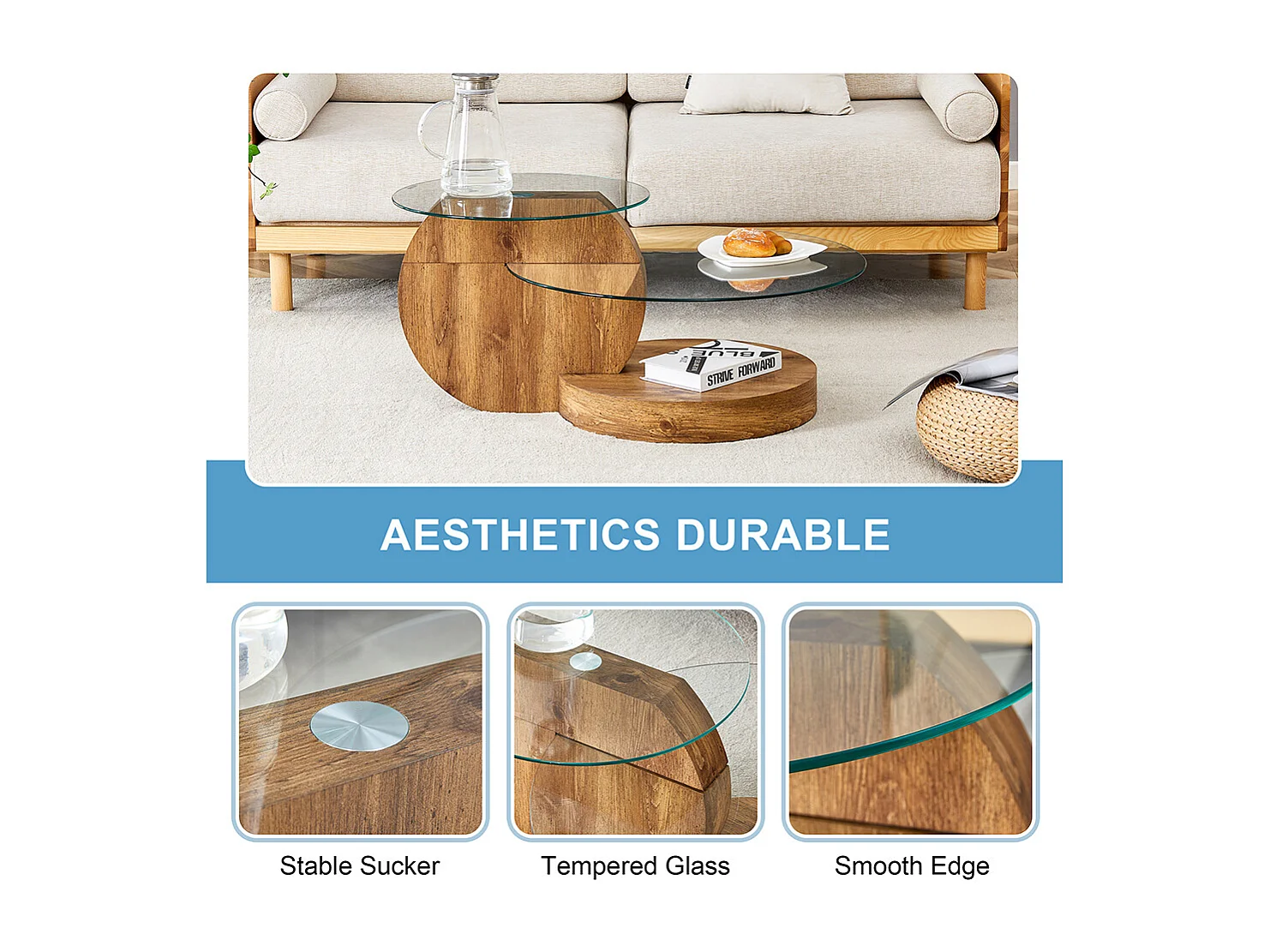 Table basse moderne minimaliste verre trempé design multicouche support MDF autocollants bois naturel