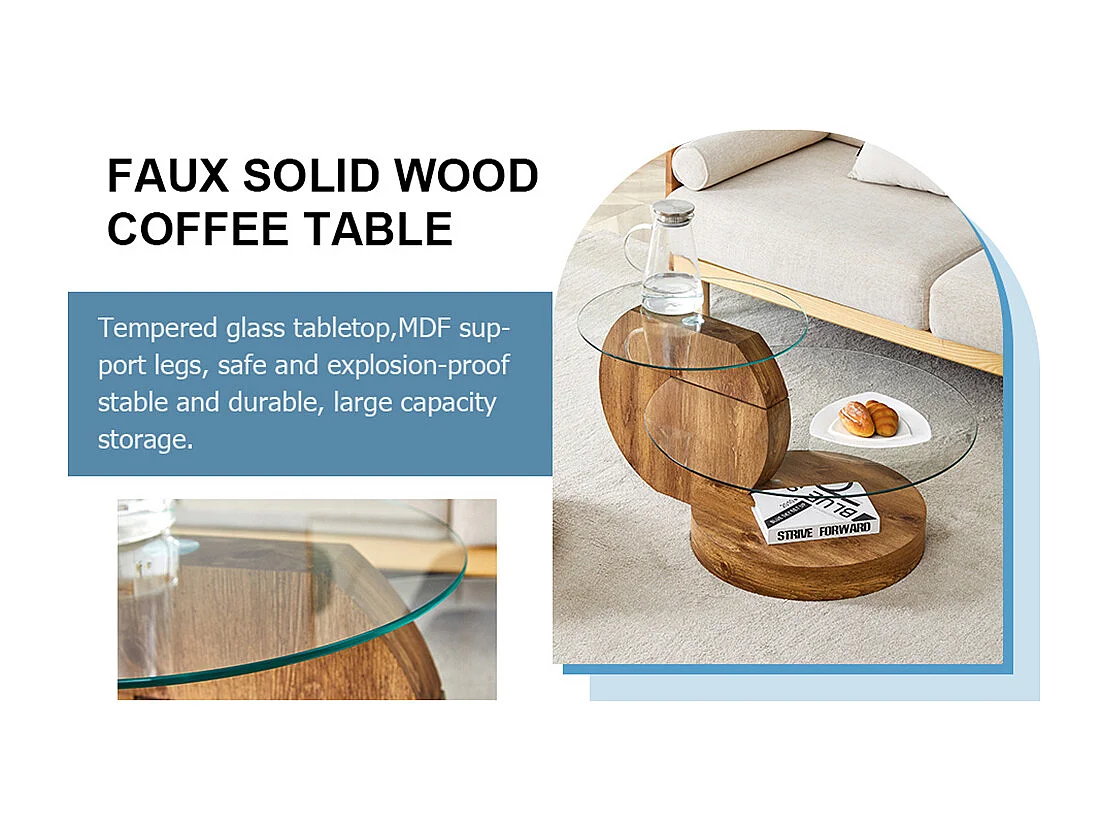 Table basse moderne minimaliste verre trempé design multicouche support MDF autocollants bois naturel