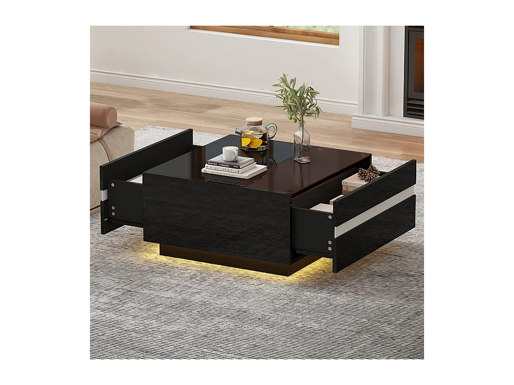 Table basse carrée 70x70x36 cm verre trempé LED brillante 2 tiroirs design géométrique