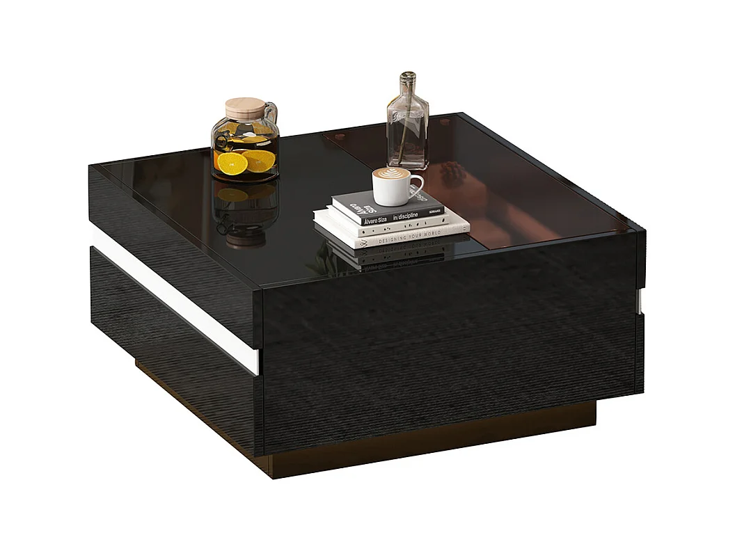 Table basse carrée 70x70x36 cm verre trempé LED brillante 2 tiroirs design géométrique