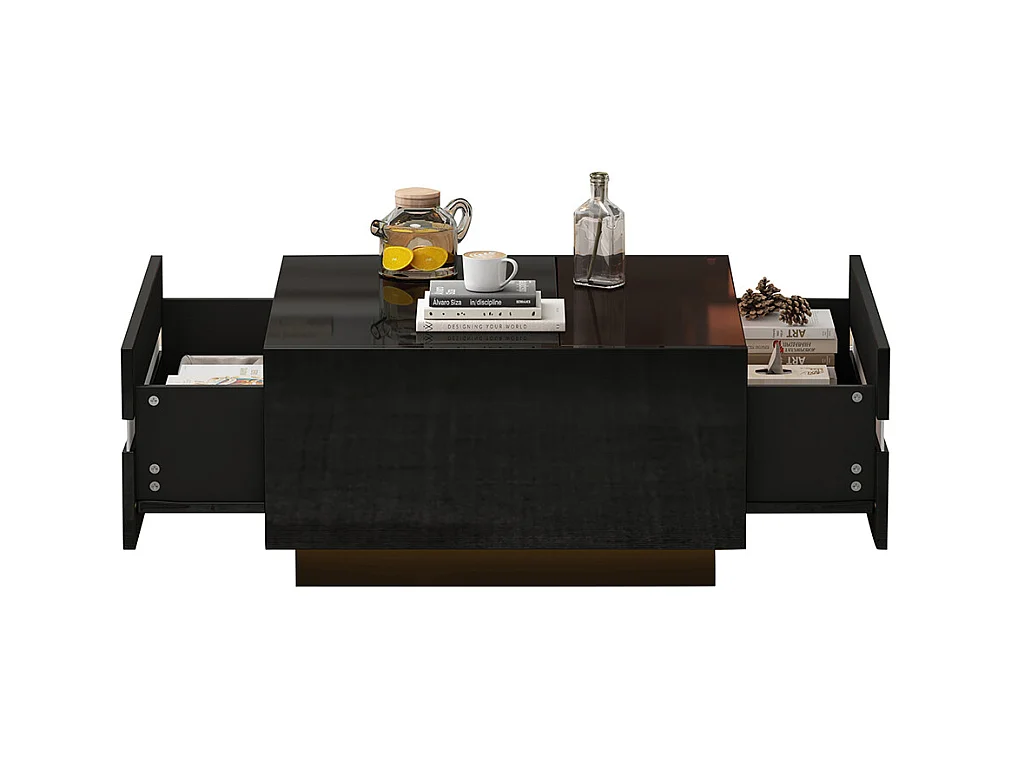 Table basse carrée 70x70x36 cm verre trempé LED brillante 2 tiroirs design géométrique