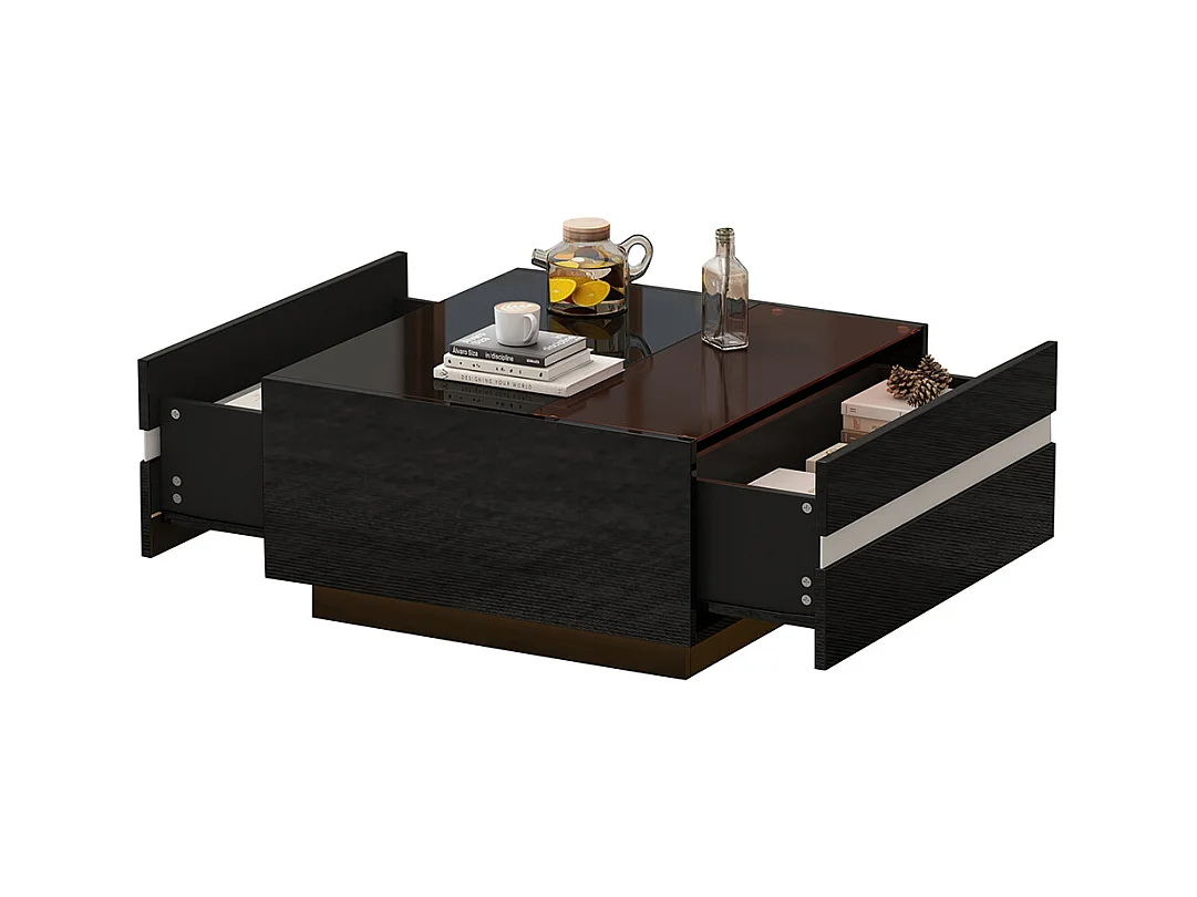 Table basse carrée 70x70x36 cm verre trempé LED brillante 2 tiroirs design géométrique