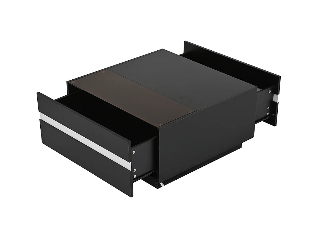 Table basse carrée 70x70x36 cm verre trempé LED brillante 2 tiroirs design géométrique