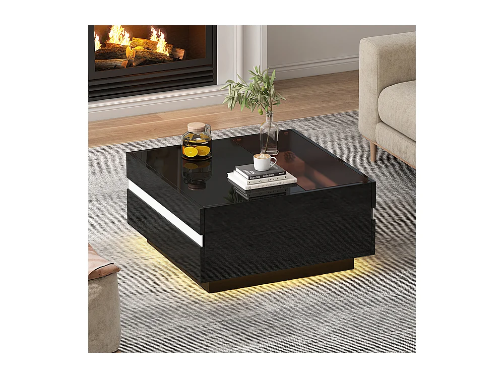 Table basse carrée 70x70x36 cm verre trempé LED brillante 2 tiroirs design géométrique