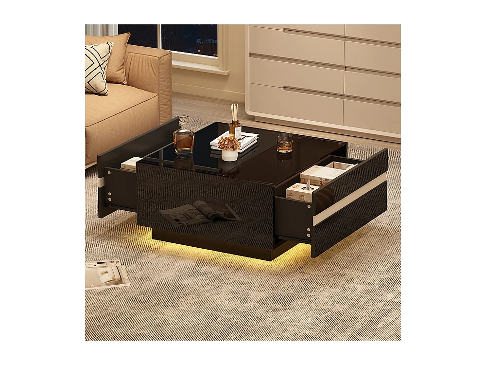 Table basse carrée 70x70x36 cm verre trempé LED brillante 2 tiroirs design géométrique