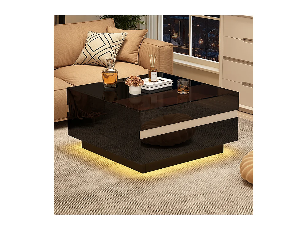Table basse carrée 70x70x36 cm verre trempé LED brillante 2 tiroirs design géométrique