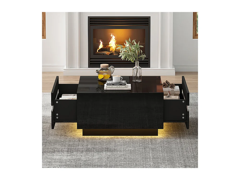 Table basse carrée 70x70x36 cm verre trempé LED brillante 2 tiroirs design géométrique