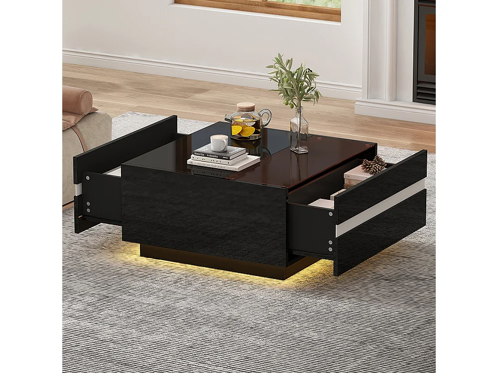 Table basse carrée 70x70x36 cm verre trempé LED brillante 2 tiroirs design géométrique