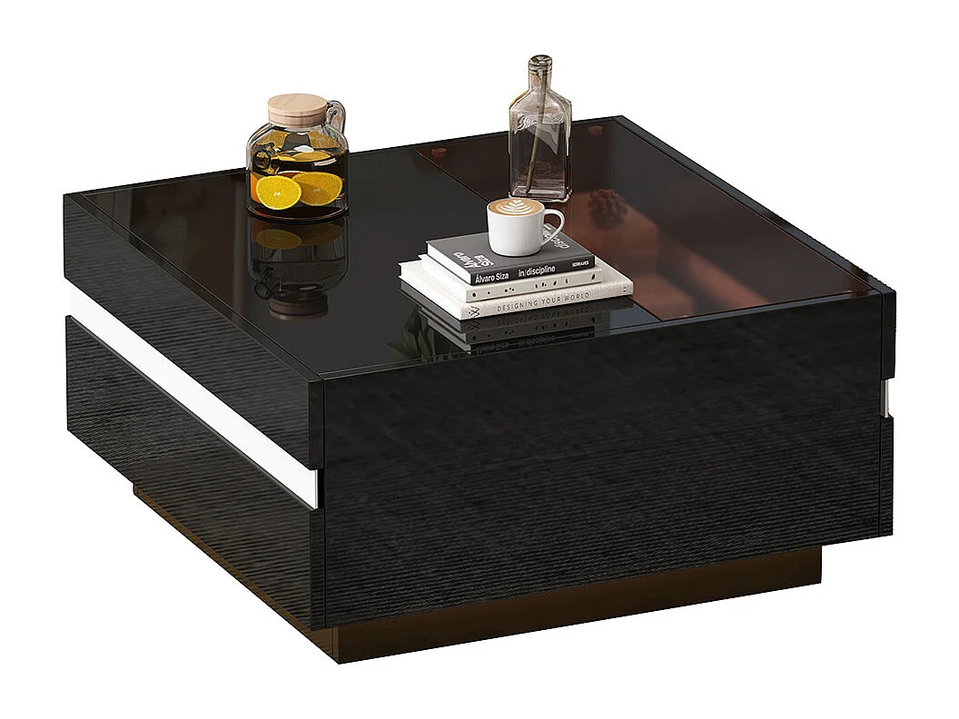 Table basse carrée 70x70x36 cm verre trempé LED brillante 2 tiroirs design géométrique