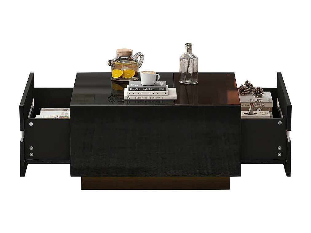 Table basse carrée 70x70x36 cm verre trempé LED brillante 2 tiroirs design géométrique