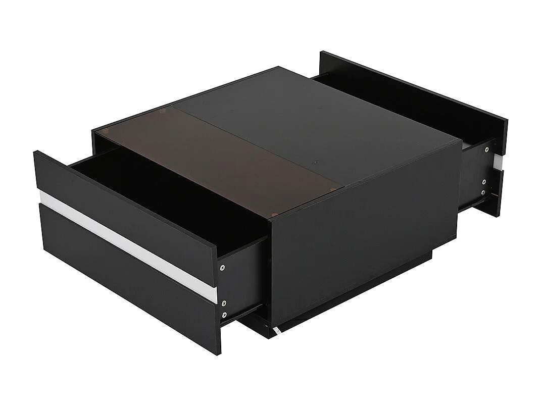 Table basse carrée 70x70x36 cm verre trempé LED brillante 2 tiroirs design géométrique