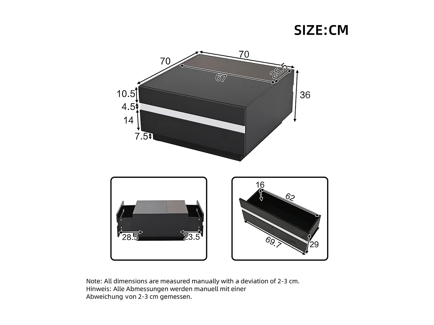 Table basse carrée 70x70x36 cm verre trempé LED brillante 2 tiroirs design géométrique