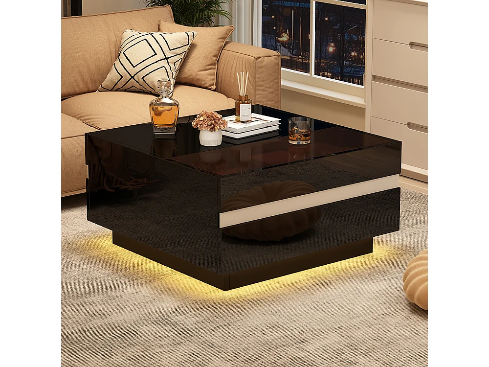 Table basse carrée 70x70x36 cm verre trempé LED brillante 2 tiroirs design géométrique