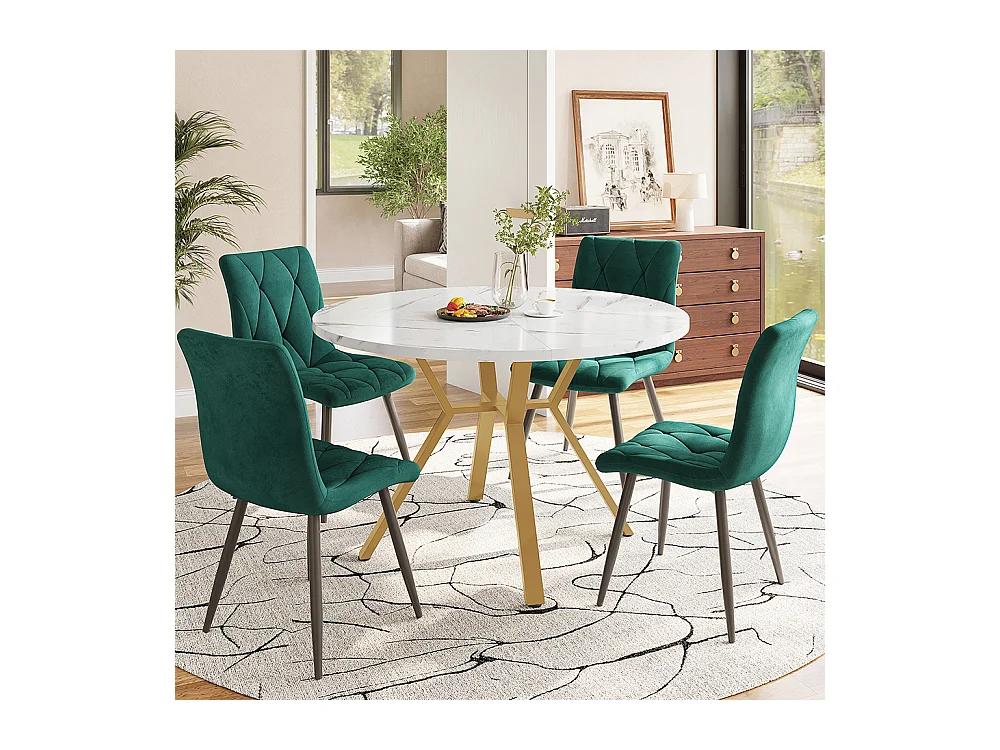 Ensemble table à manger 5 pièces table ronde marbre moderne pieds dorés 4 chaises ergonomiques velours vert
