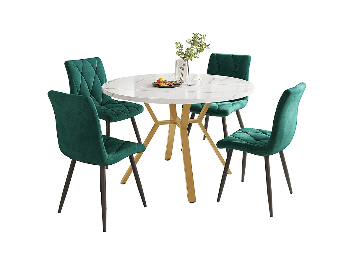 Ensemble table à manger 5 pièces table ronde marbre moderne pieds dorés 4 chaises ergonomiques velours vert