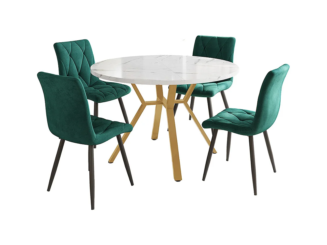 Ensemble table à manger 5 pièces table ronde marbre moderne pieds dorés 4 chaises ergonomiques velours vert
