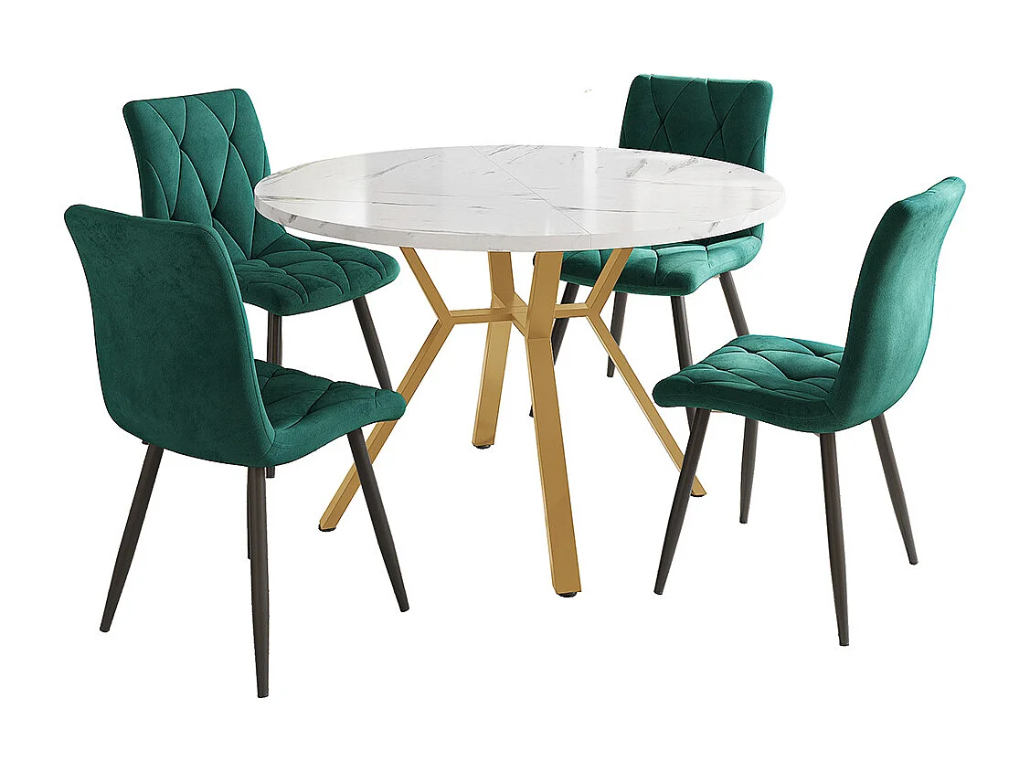 Ensemble table à manger 5 pièces table ronde marbre moderne pieds dorés 4 chaises ergonomiques velours vert