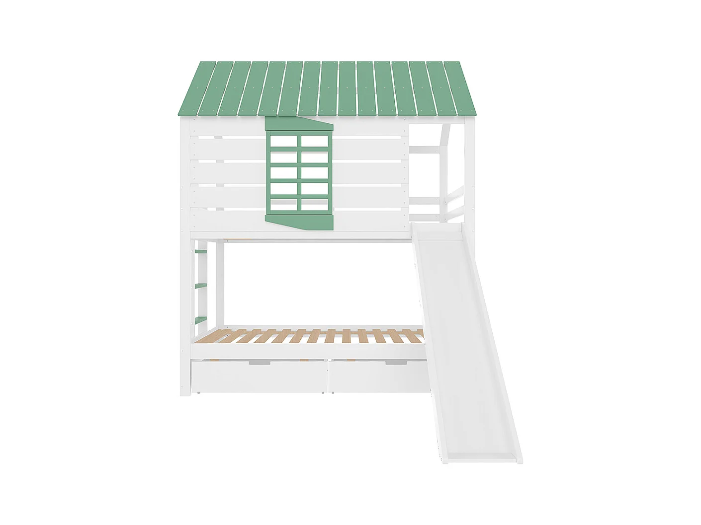 Lit superposé maison 90x200 toboggan 2 tiroirs blanc vert