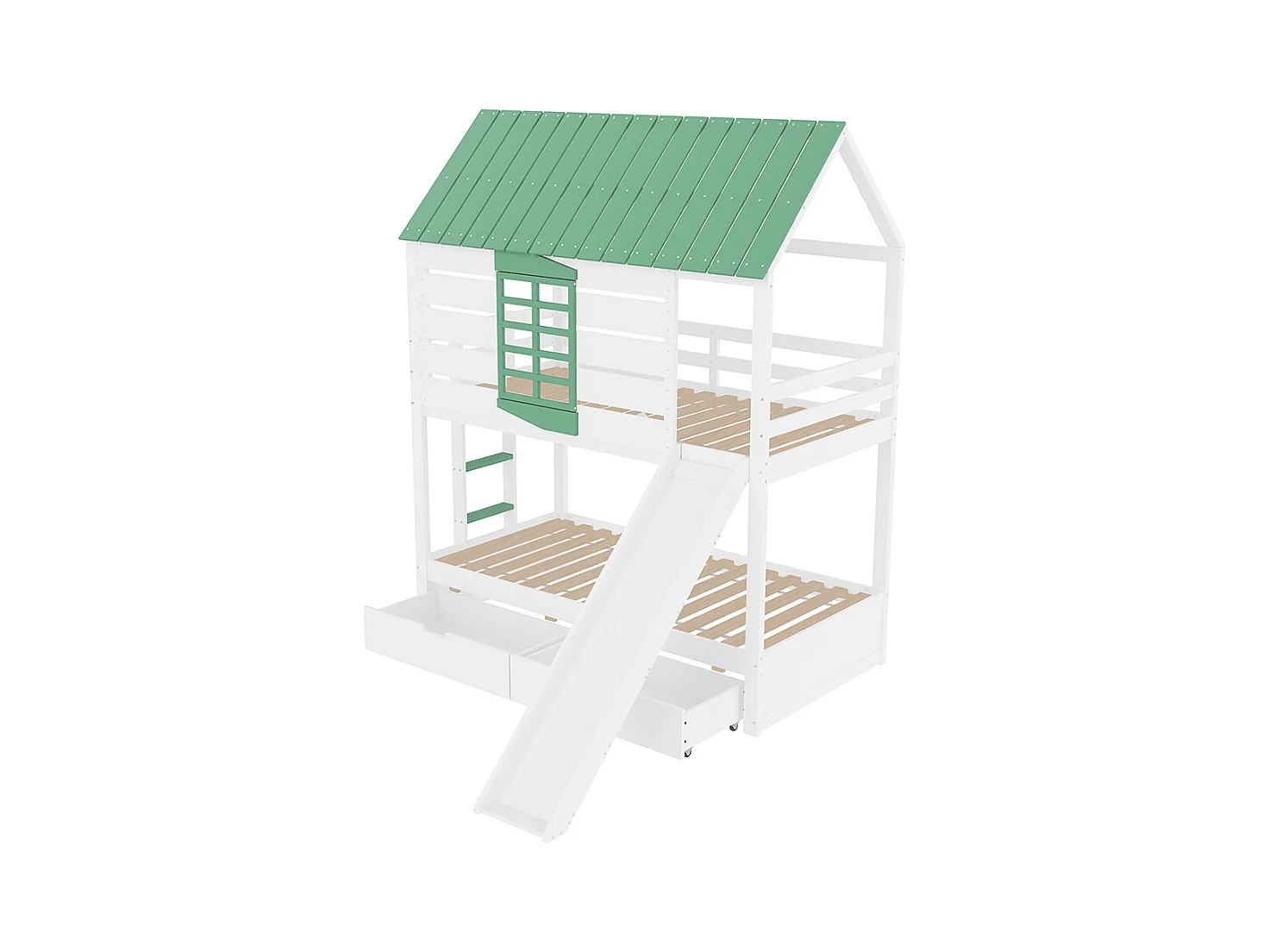 Lit superposé maison 90x200 toboggan 2 tiroirs blanc vert