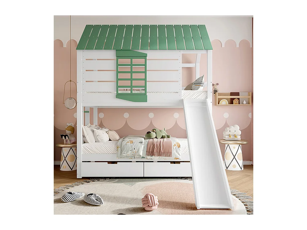 Lit superposé maison 90x200 toboggan 2 tiroirs blanc vert