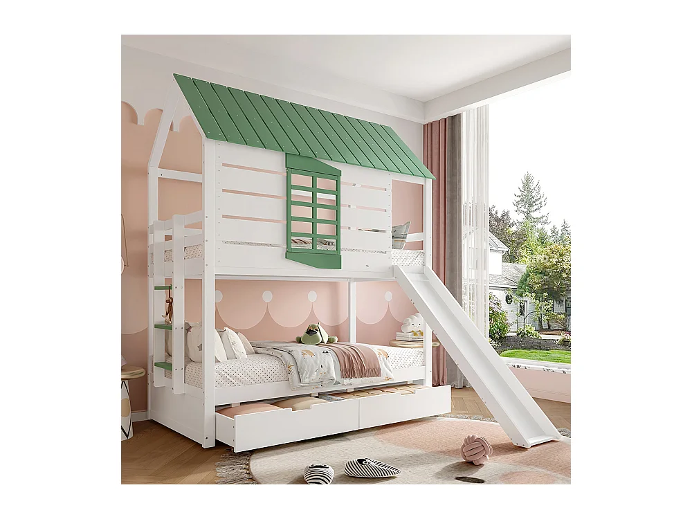Lit superposé maison 90x200 toboggan 2 tiroirs blanc vert