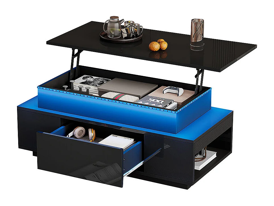 Verstelbare salontafel 96x45x40 cm zwart glanzend LED verborgen opbergruimte lade
