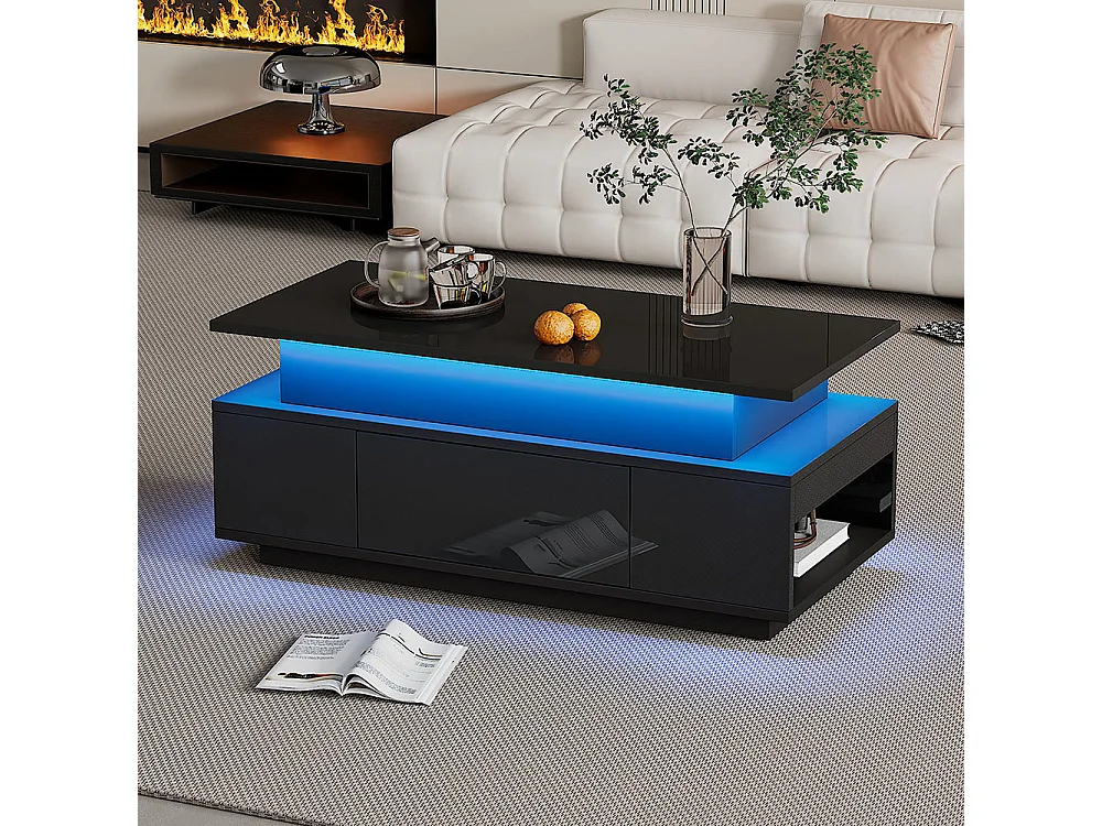 Verstelbare salontafel 96x45x40 cm zwart glanzend LED verborgen opbergruimte lade
