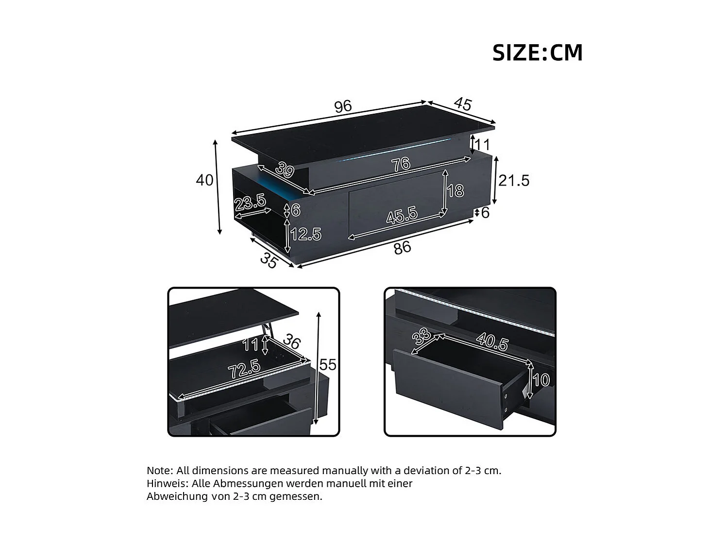 Verstelbare salontafel 96x45x40 cm zwart glanzend LED verborgen opbergruimte lade