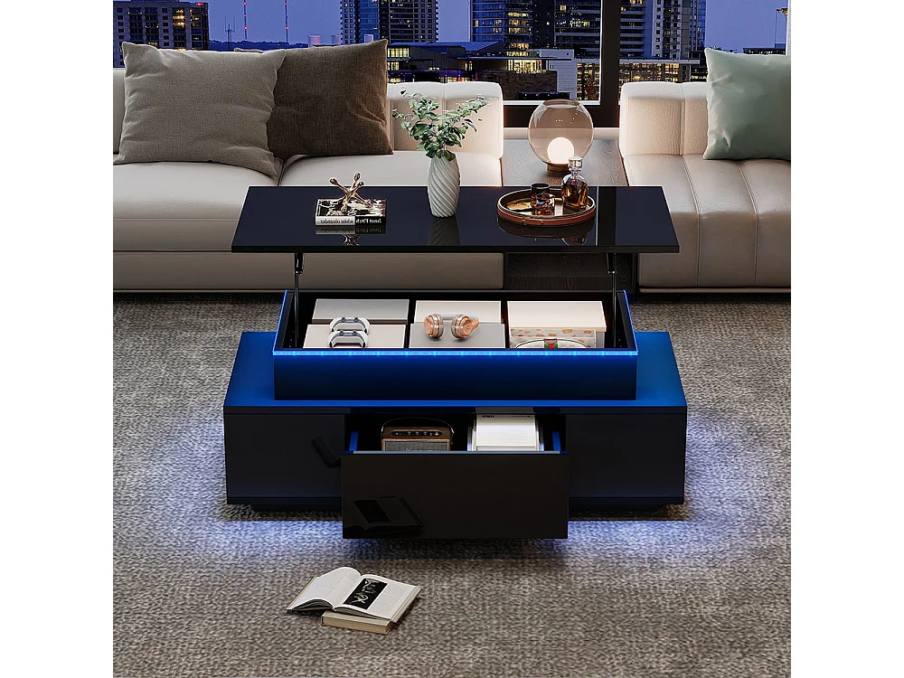 Verstelbare salontafel 96x45x40 cm zwart glanzend LED verborgen opbergruimte lade