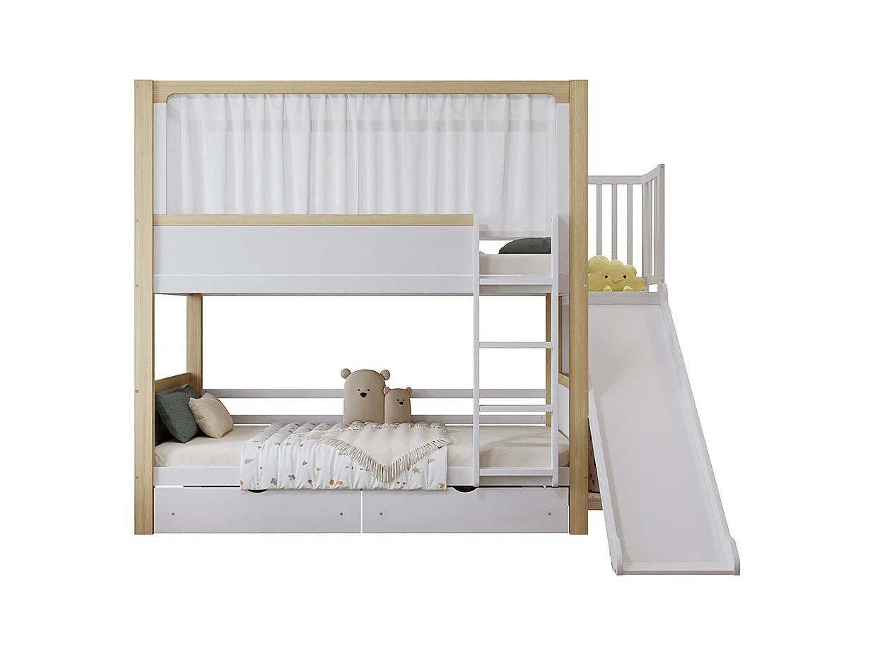 Lit superposé enfant 90x200 deux tiroirs roulettes toboggan lit supérieur rideau tissu pin MDF contreplaqué blanc et naturel