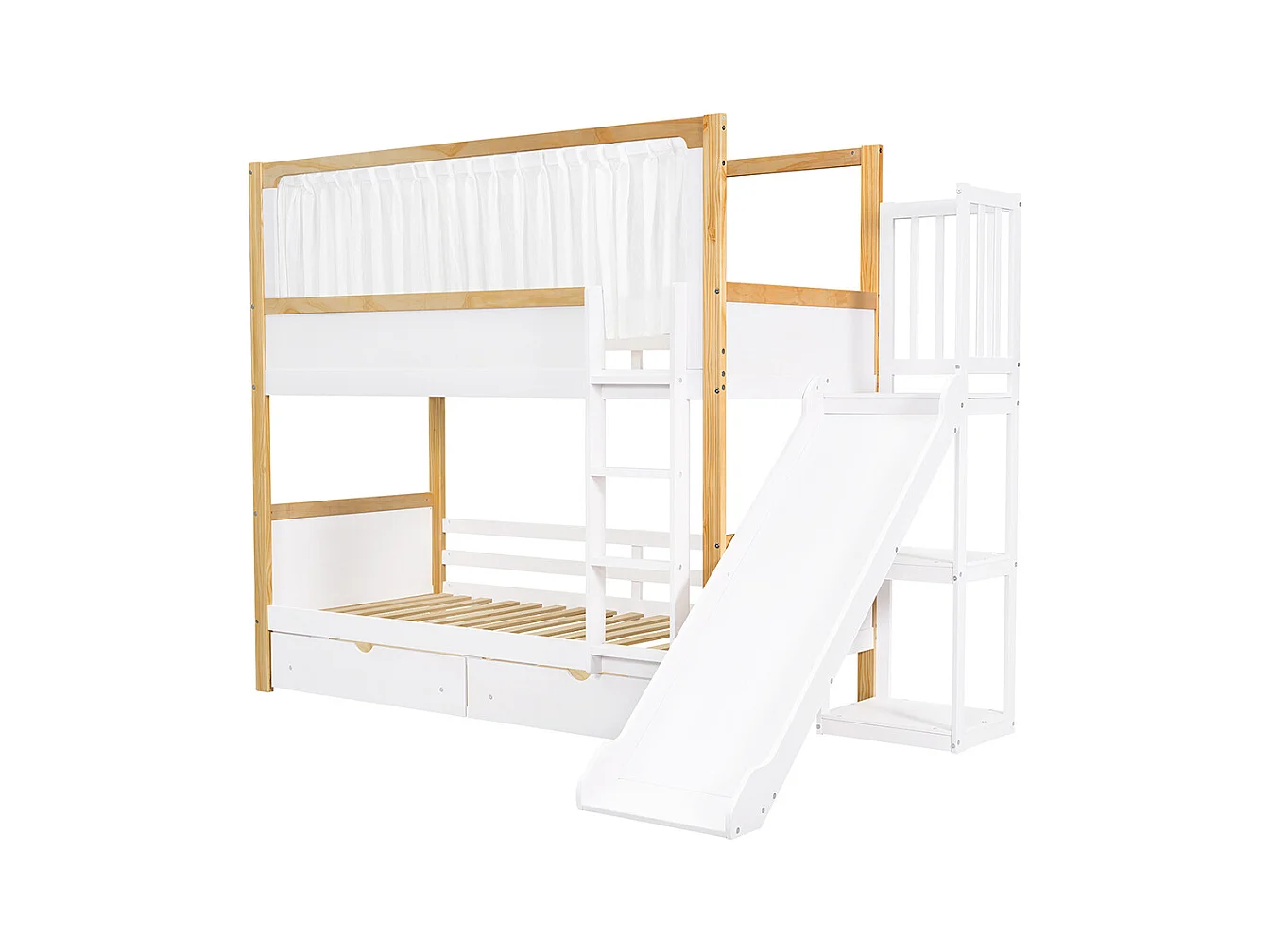 Lit superposé enfant 90x200 deux tiroirs roulettes toboggan lit supérieur rideau tissu pin MDF contreplaqué blanc et naturel