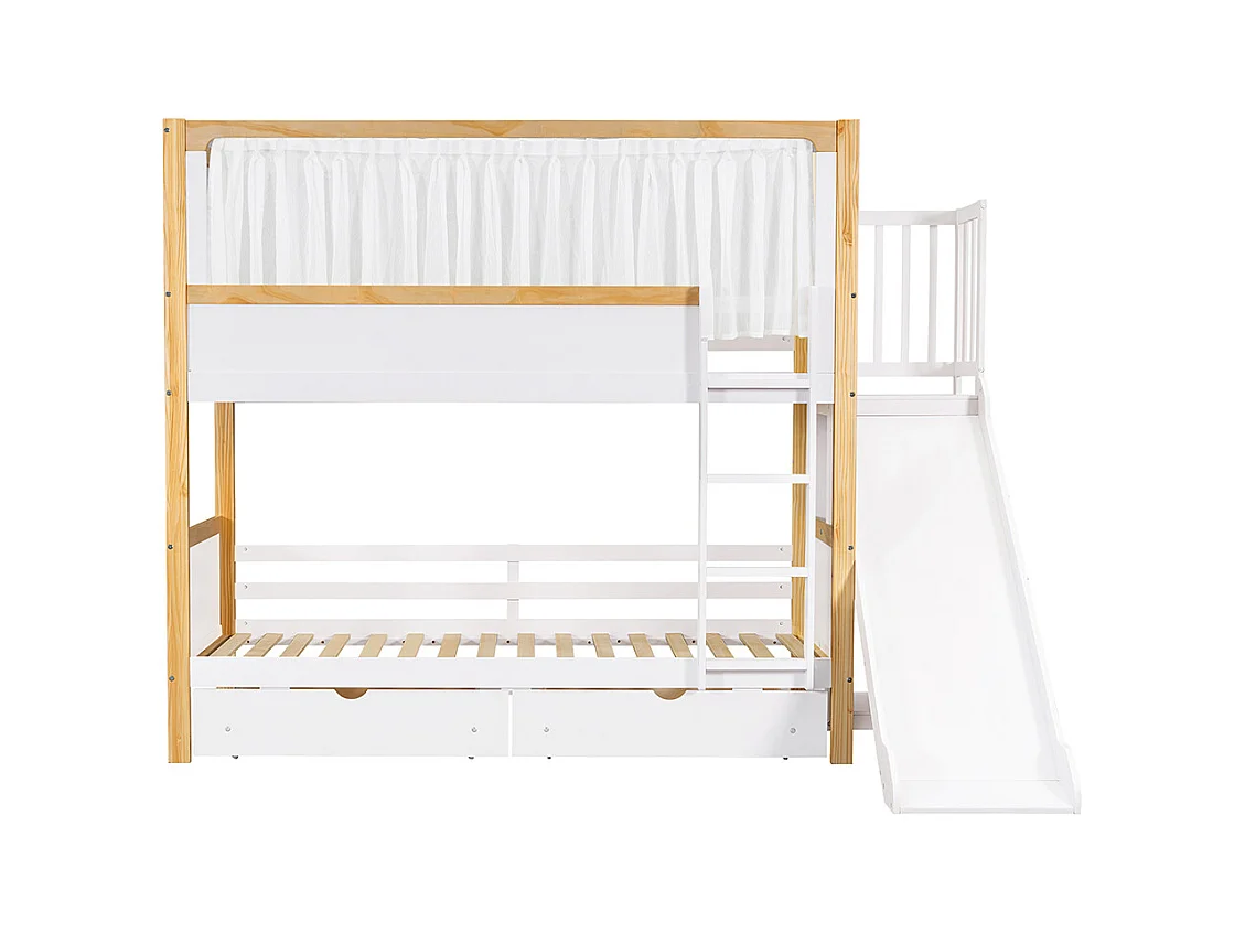 Lit superposé enfant 90x200 deux tiroirs roulettes toboggan lit supérieur rideau tissu pin MDF contreplaqué blanc et naturel