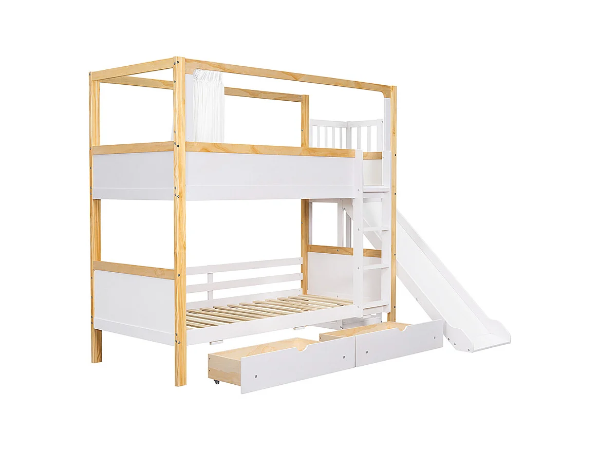 Lit superposé enfant 90x200 deux tiroirs roulettes toboggan lit supérieur rideau tissu pin MDF contreplaqué blanc et naturel