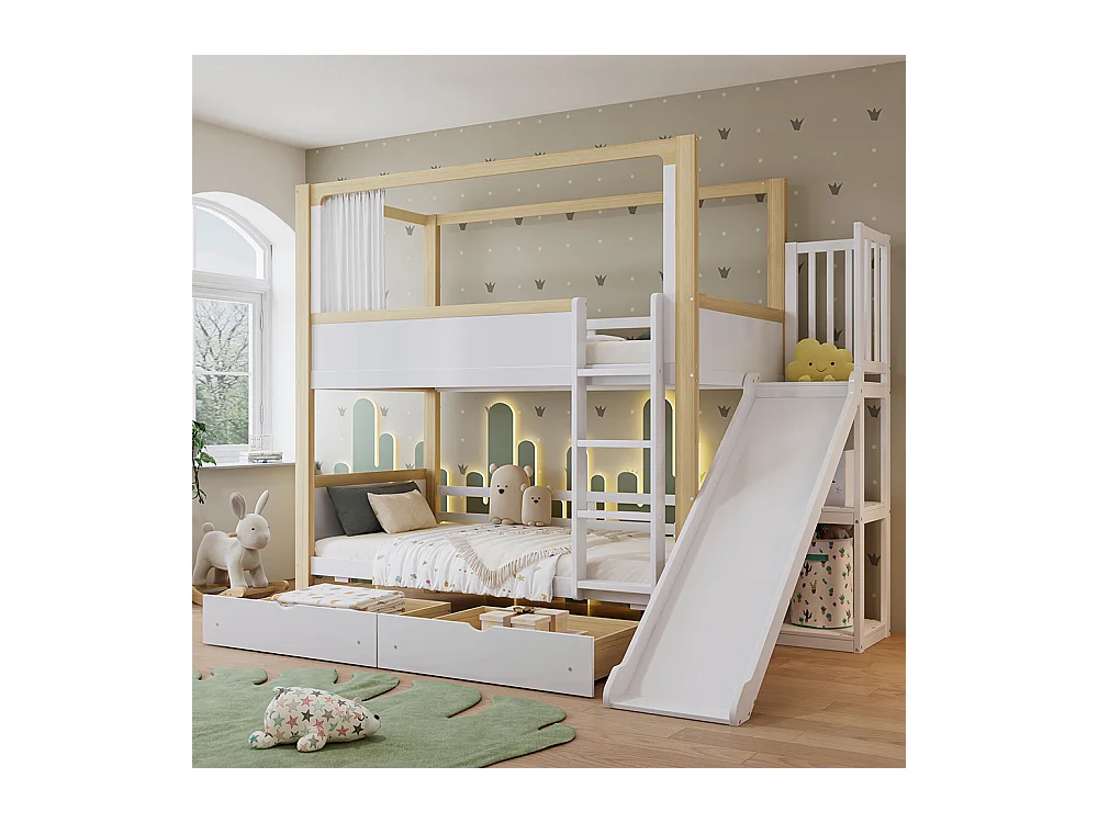 Lit superposé enfant 90x200 deux tiroirs roulettes toboggan lit supérieur rideau tissu pin MDF contreplaqué blanc et naturel